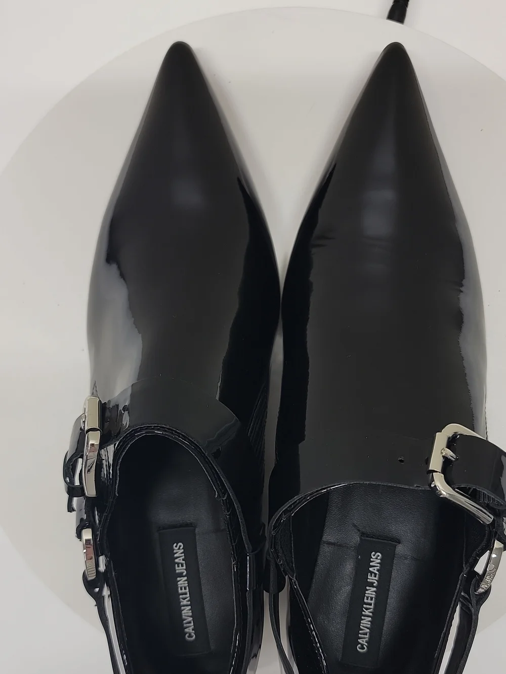 Calvin Klein Black Patent Pointed Toe Strap Shoe Shiny New W/out Box